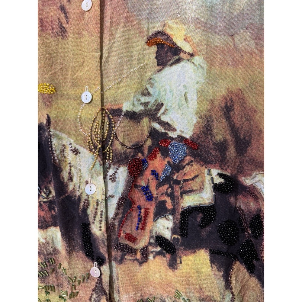 Vintage 90s Nicole Taylor 3X Plus Art to Wear Silk Beaded Cowboy Western Blouse - Picture 4 of 13